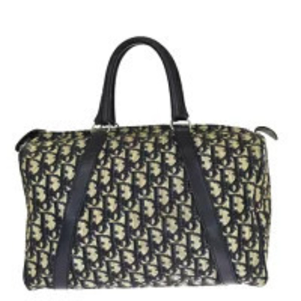 Christian Dior Trotter Handbag Boston Navy Blue Canvas Leather